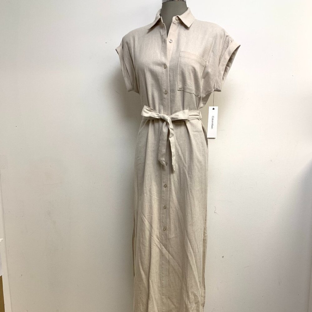 NWT Calvin Klein Elegant Linen Natural Short Sleeve Midi Shirt Dress Belted 10